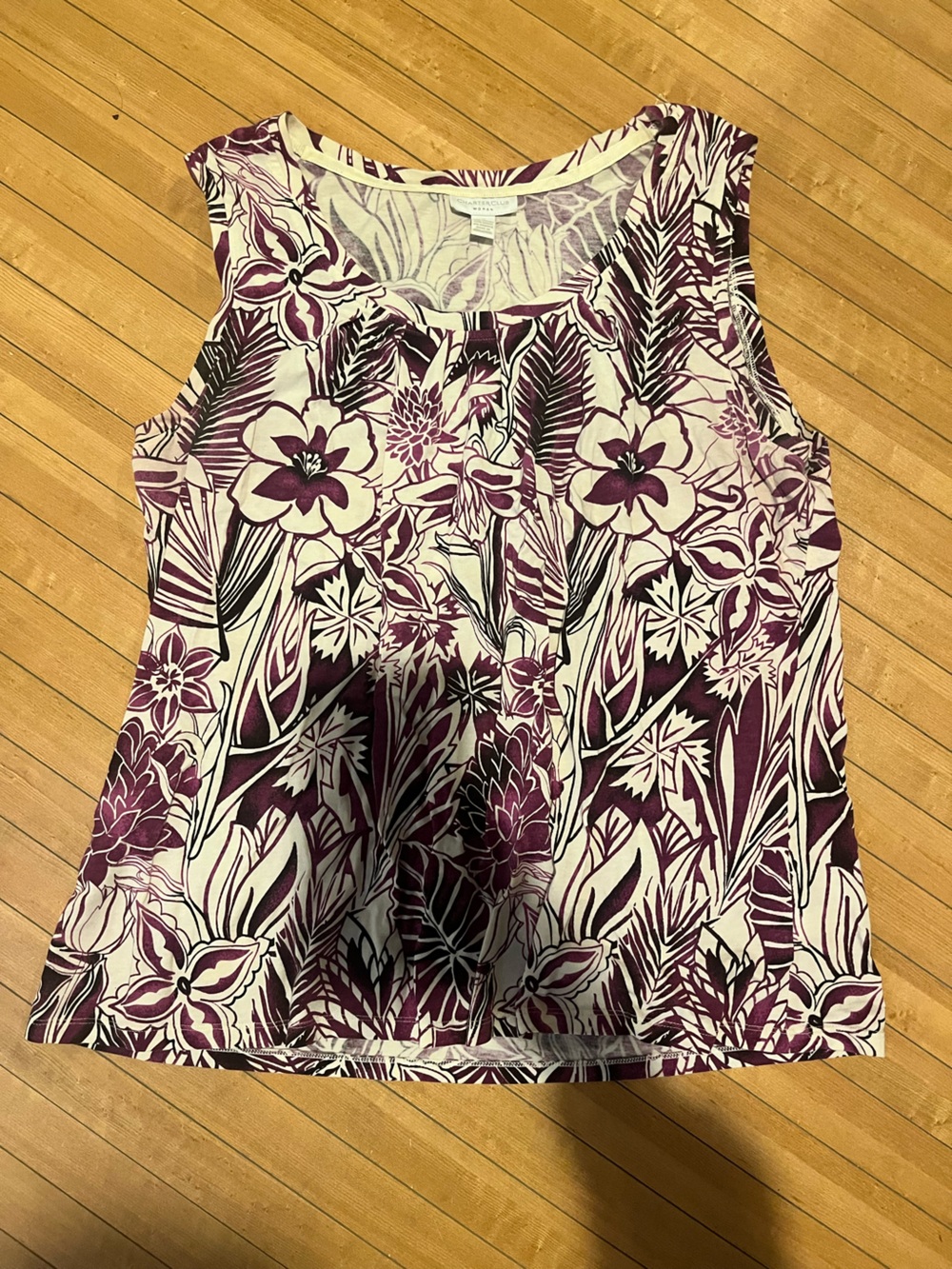 Charter Club Purple and White Floral Scoop Neck Tank